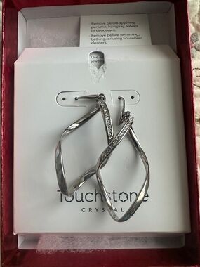 Touchstone Crystal Silver Twisted Hoop Earrings with Crystal Accents